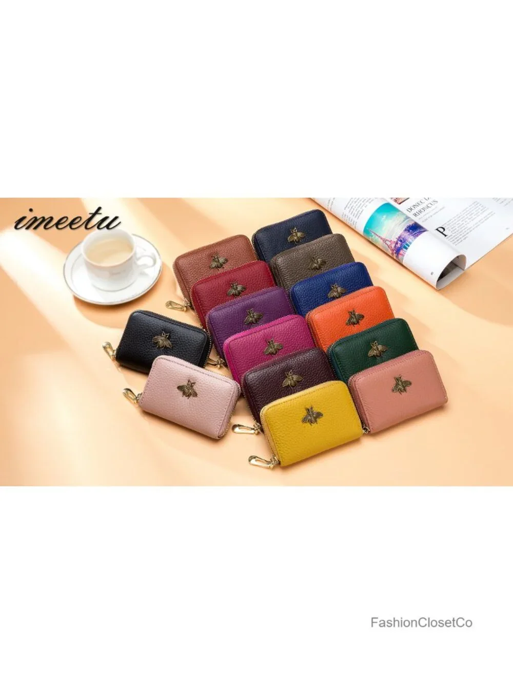 Genuine Leather RFID Blocking Credit Card Holder with Bee Decoration